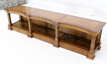 Low Profile Burl Wood Banded Credenza Display Bench or Table with Brass Shelf