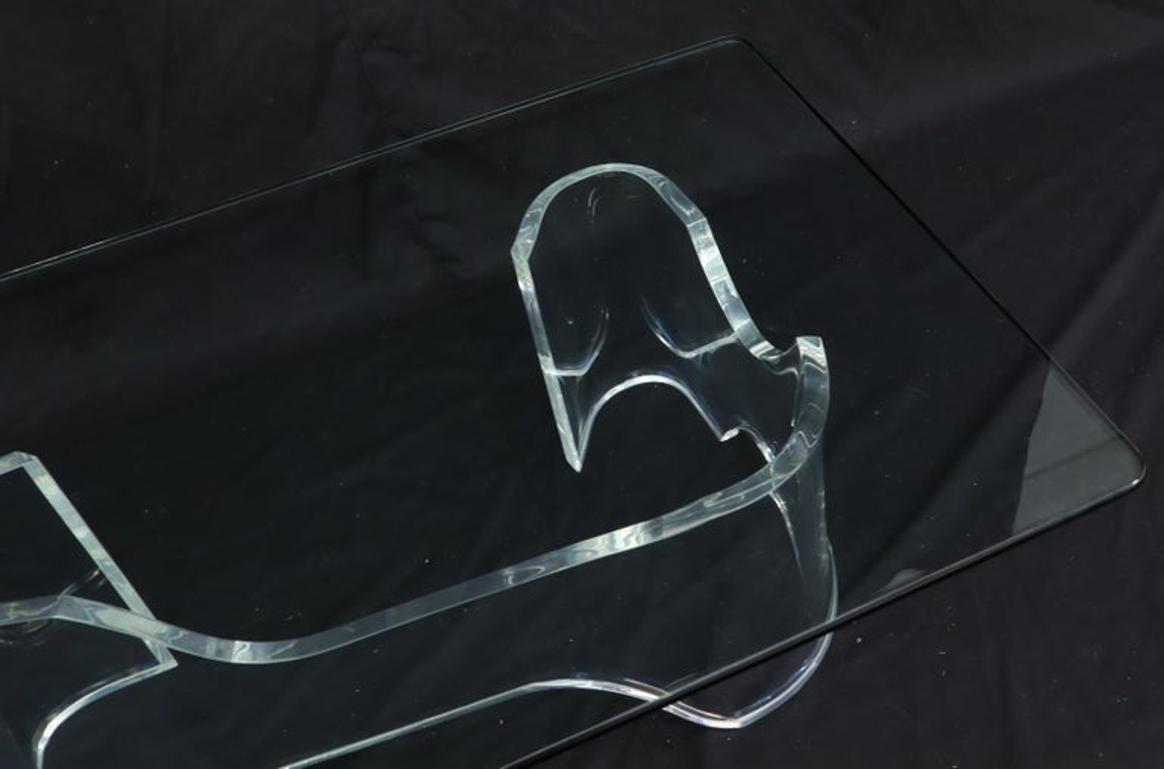 Thick Bent Lucite Organic Shape Base Rectangle Glass top Coffee Table