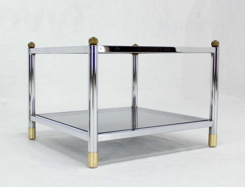 Pair of Square Chrome, Brass, Smoked Glass-Top End or Side Tables by Baughman