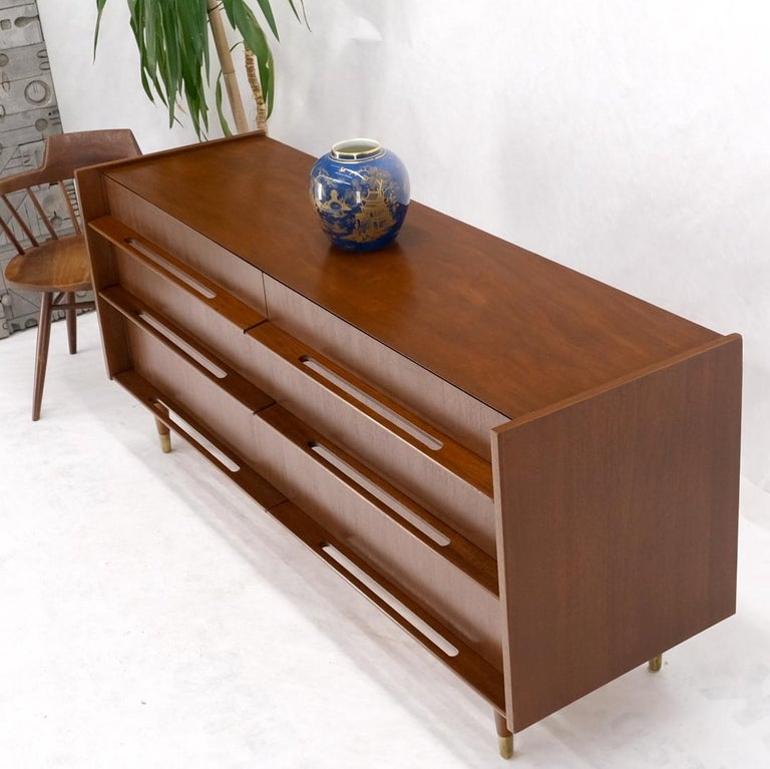 Edmund Spence Attributed Large 6 Drawers Walnut Dresser W/ Gallery Top Cone Legs