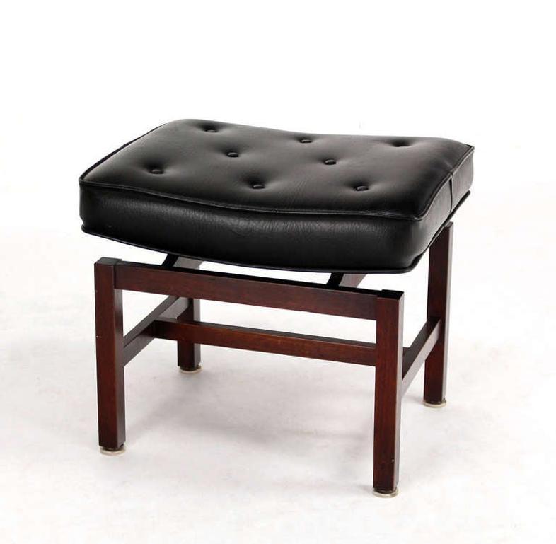 EstablishedLines Mid-Century Modern Black Vinyl Upholstered Oiled Walnut Bench by Risom