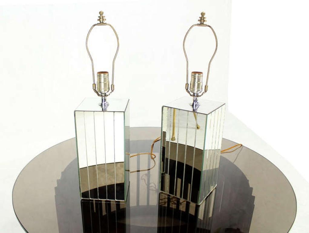 EstablishedLines Pair of Square Sky Scraper Shape Mid-Century Modern Mirrored Table Lamps MINT!