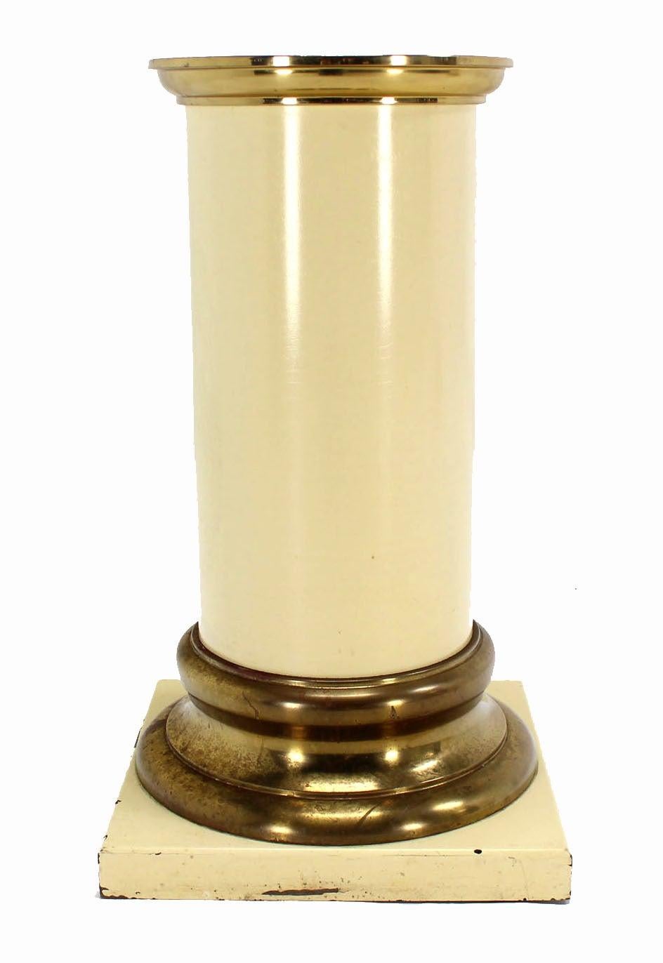 EstablishedLines Pair Brass and White Beige Lacquered Wood Round Pedestals Table Bases Stands