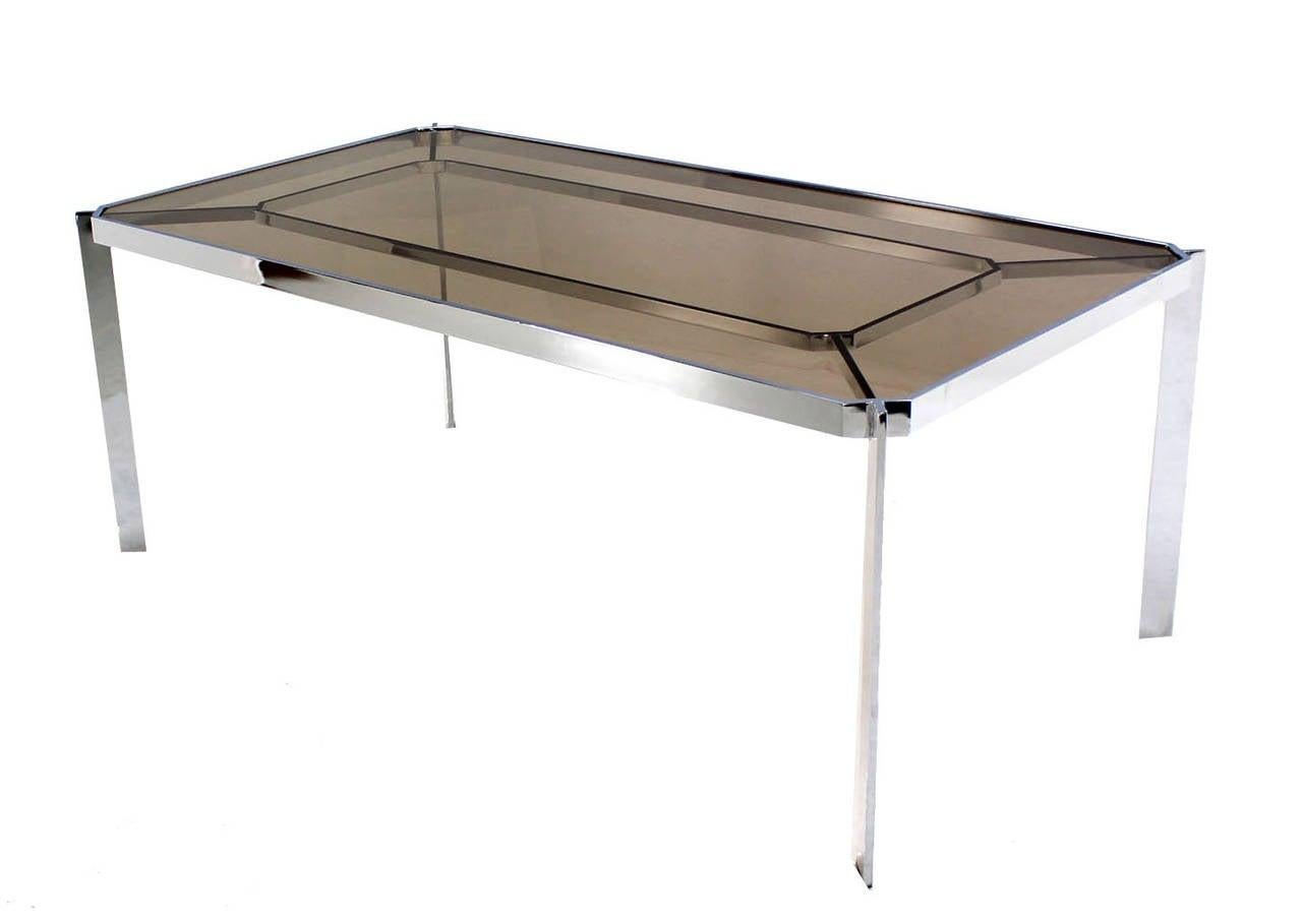 Mid Century Modern Chrome Base Smoked Glass Top Dining Conference Table Baughman