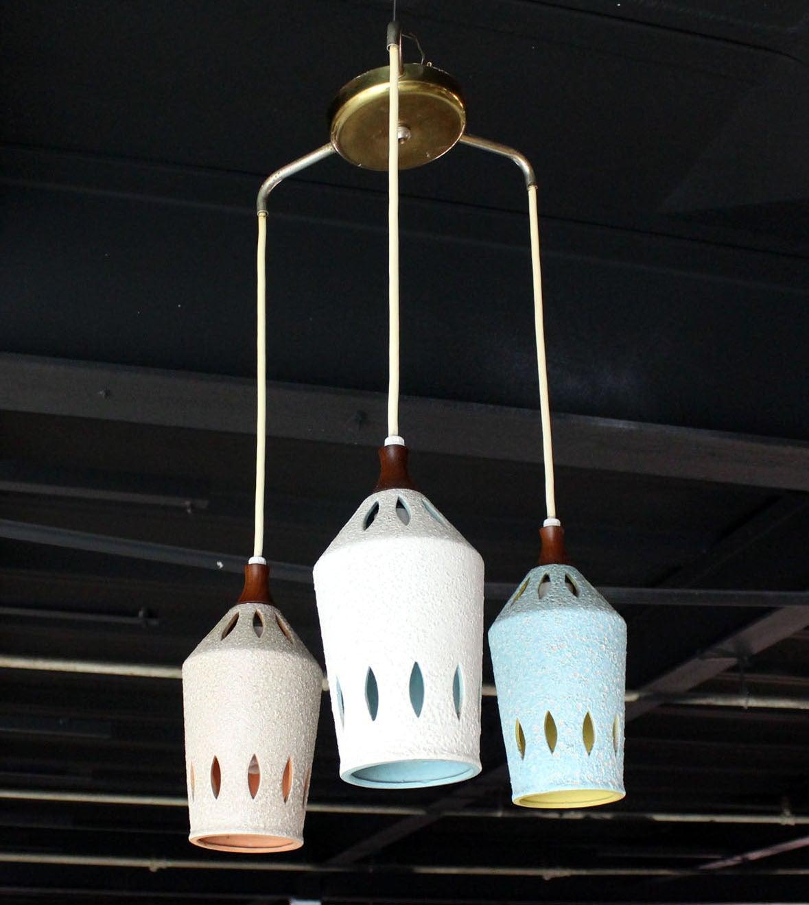 Triple Colored Glazed Pierced Pottery Ceramic Shades Pendant Light Fixture MINT!