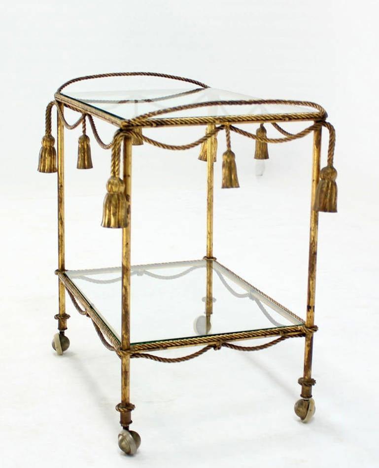 EstablishedLines Midcentury Italian Gold Gilt Metal Rope and Tassels Glass Top Bar Tea Cart Wheel