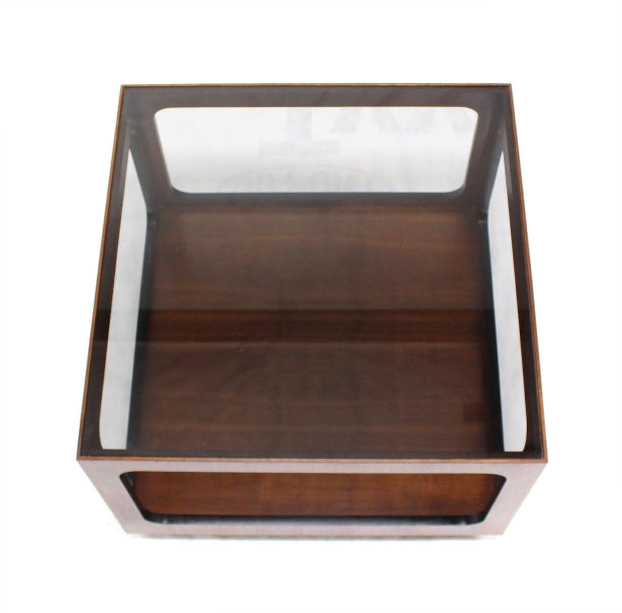 EstablishedLines Mid Century Modern Square Cube Walnut Base Glass Top Coffee Side End Lamp Table