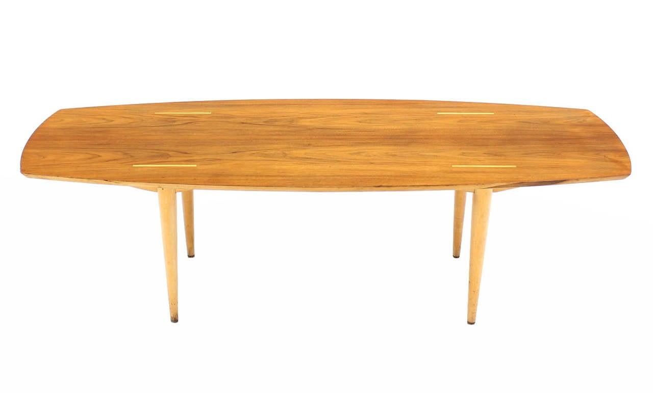 Boat Shape Light Walnut Tapered Birch Exposed Leg Tenon Coffee Table Mid Century