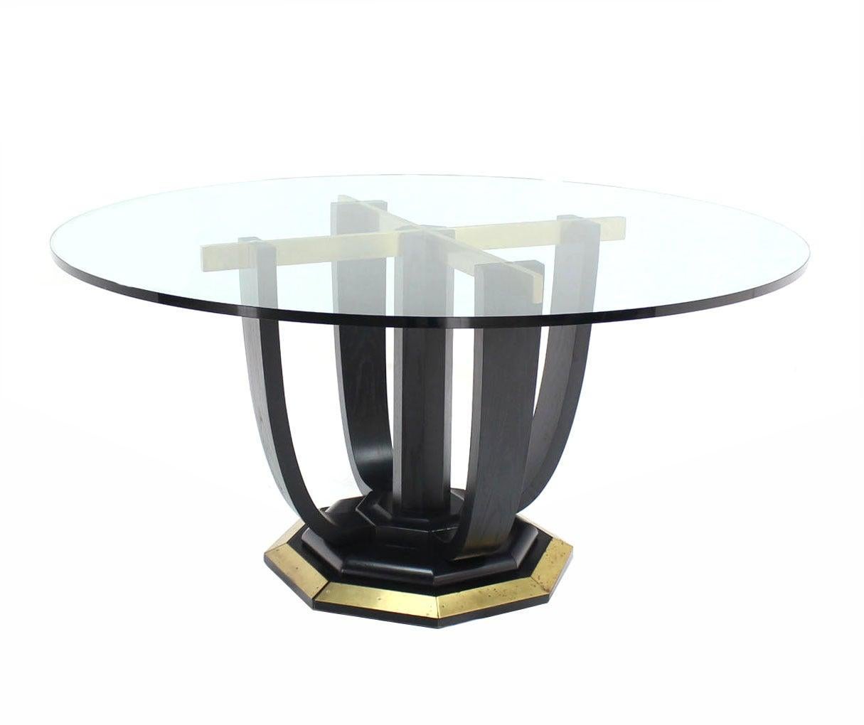 EstablishedLines Large Round Glass Top Figural Black Lacquer Bent Wood Brass Base Dining Table