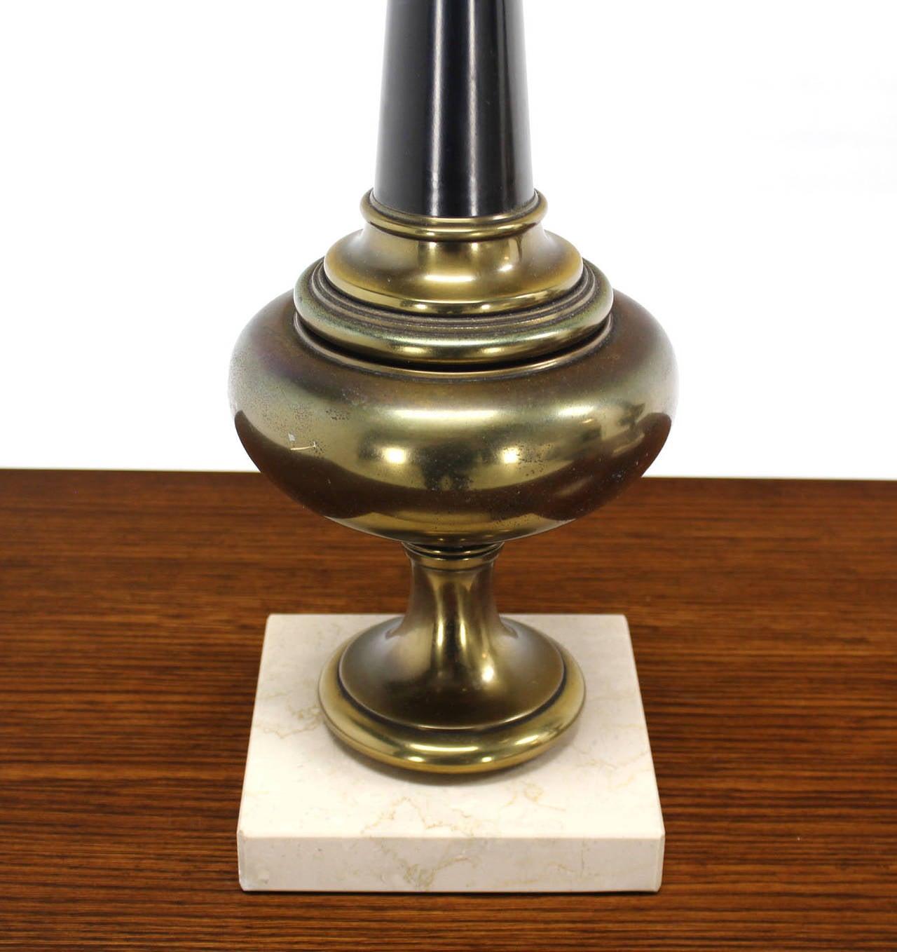 EstablishedLines Pair Mid Century Modern Stiffel Brass Finial Shape Table Lamps Marble Bases MINT