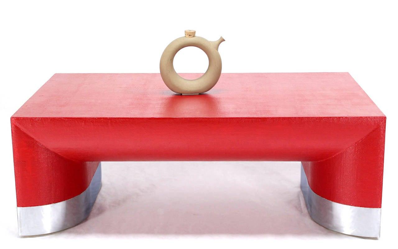 EstablishedLines Large Rectangle Grass Cloth Mid Century Modern Coffee Table in Fire Red MINT!