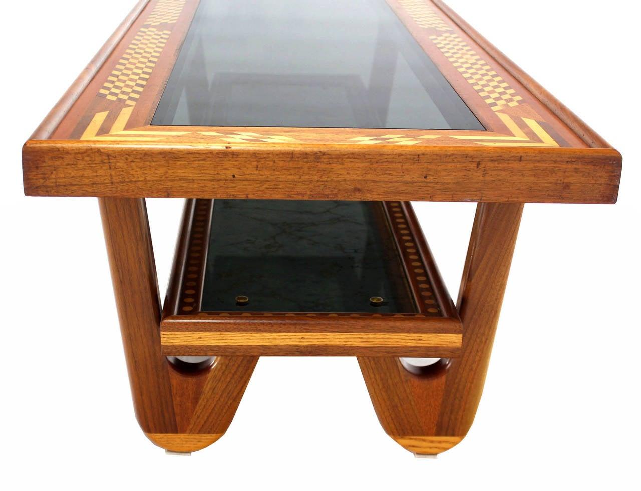 Walnut Hair Pin Leg Smoked Glass Marquetry Top Long Rectangle Coffee Table MINT