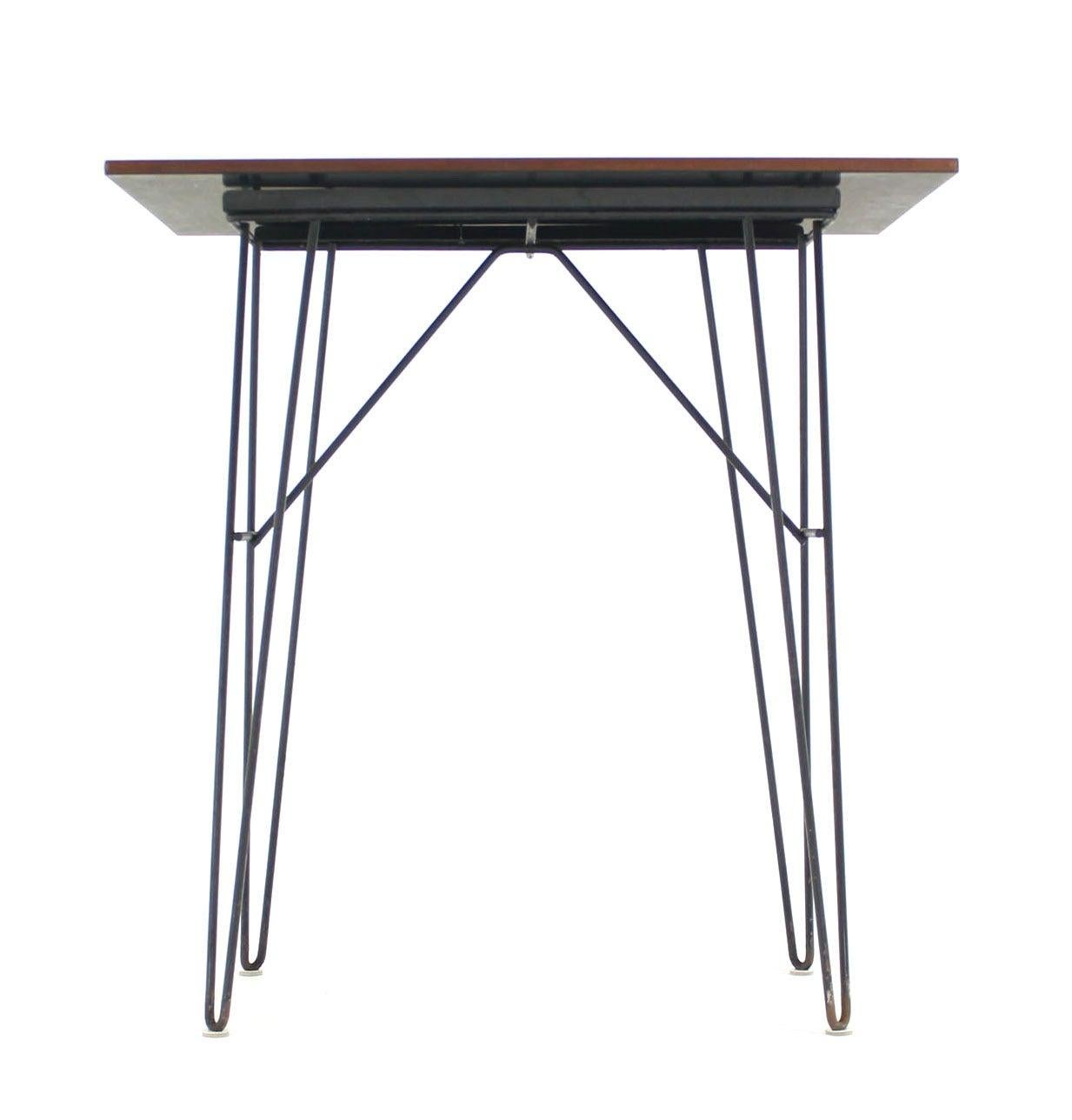 EstablishedLines Pair Teak Tops End Side Console Tables Stands Pedestals Tall Wire Legs MINT!