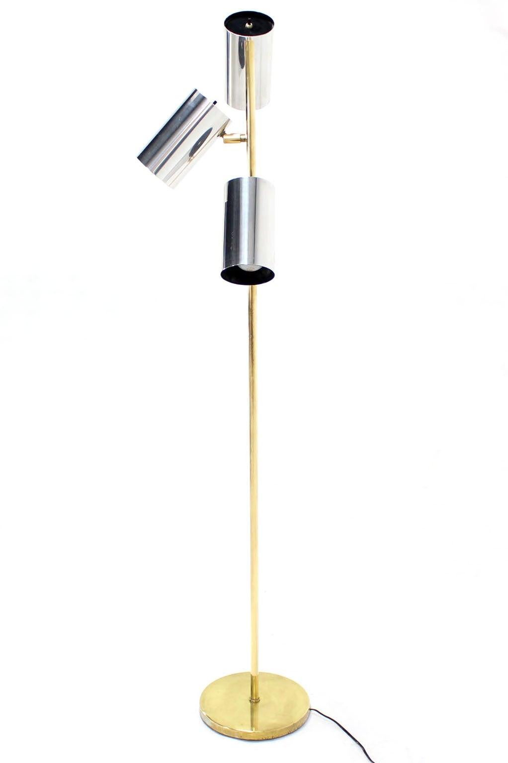 Midcentury Brass Base Tripple Floor Lamp Three Fully Adjustable Chrome Shades