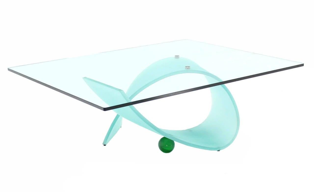 Italian Frosted Glass Ribbon Base Square Glass Top Rectangle Coffee Table MINT!