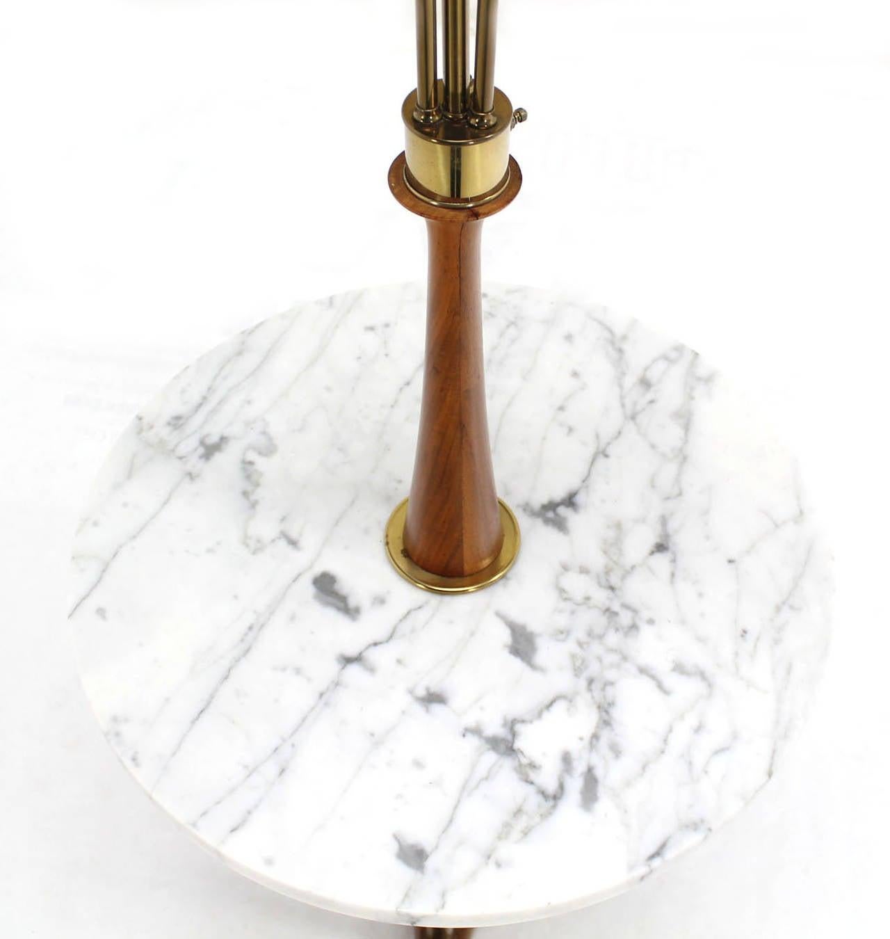 Mid Century Modern Walnut Brass Floor Lamp Round Marble Top Side Table Torchere