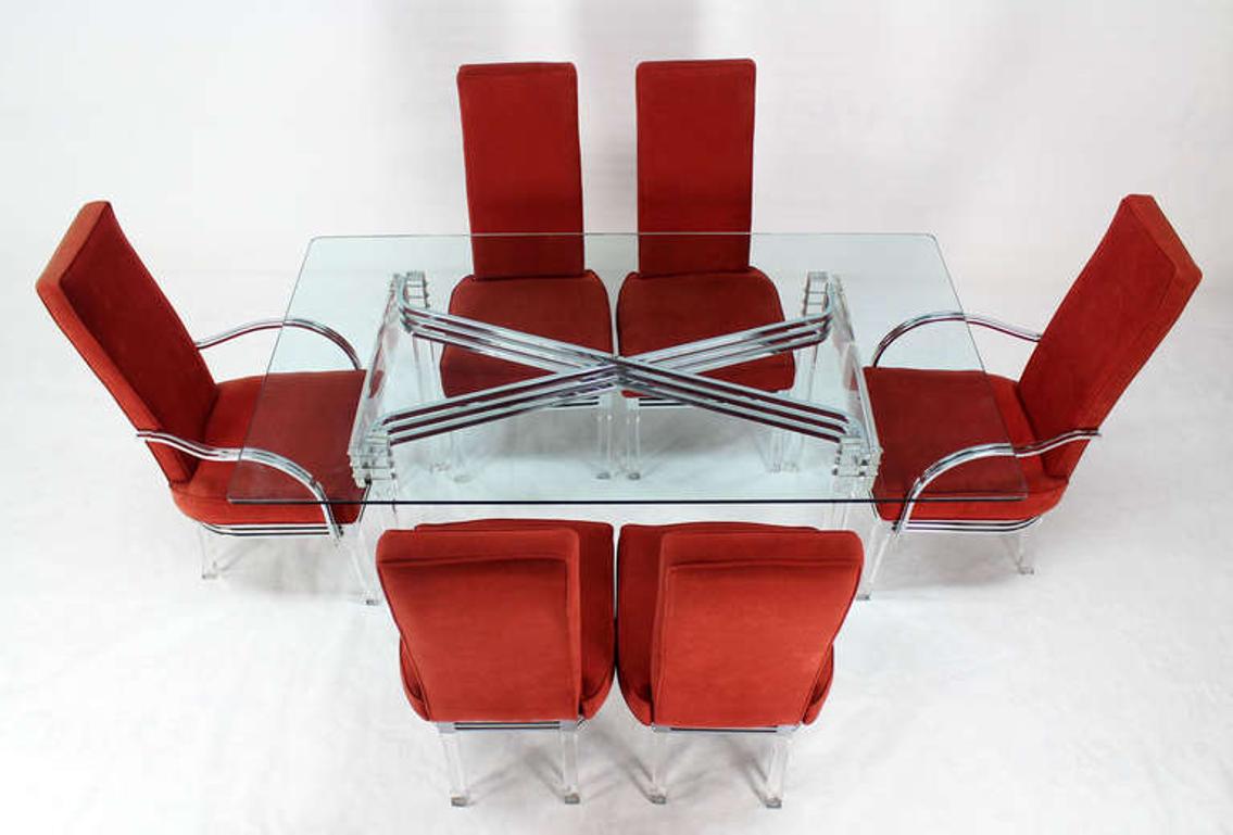 Mid Century Modern Set of Six Dining Chairs and Table in Lucite Chrome Glass