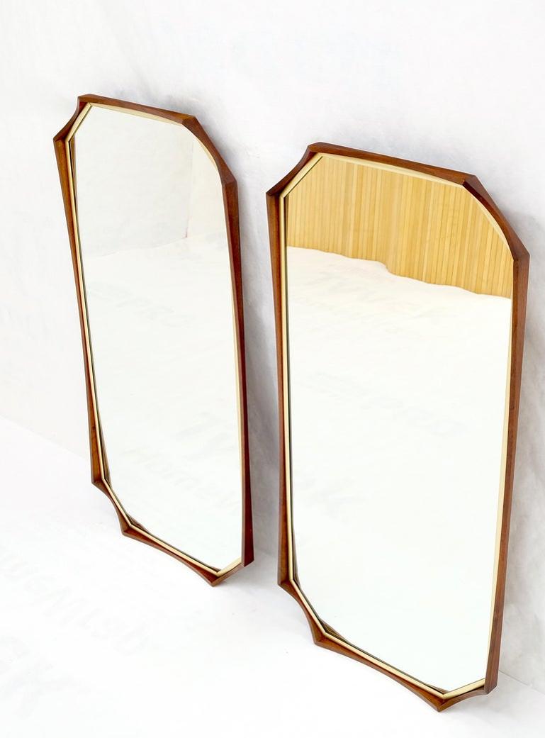 Pair of Oiled Walnut Frames Gold Trim Elongated Octagon Shape Wall Mirrors Mint!