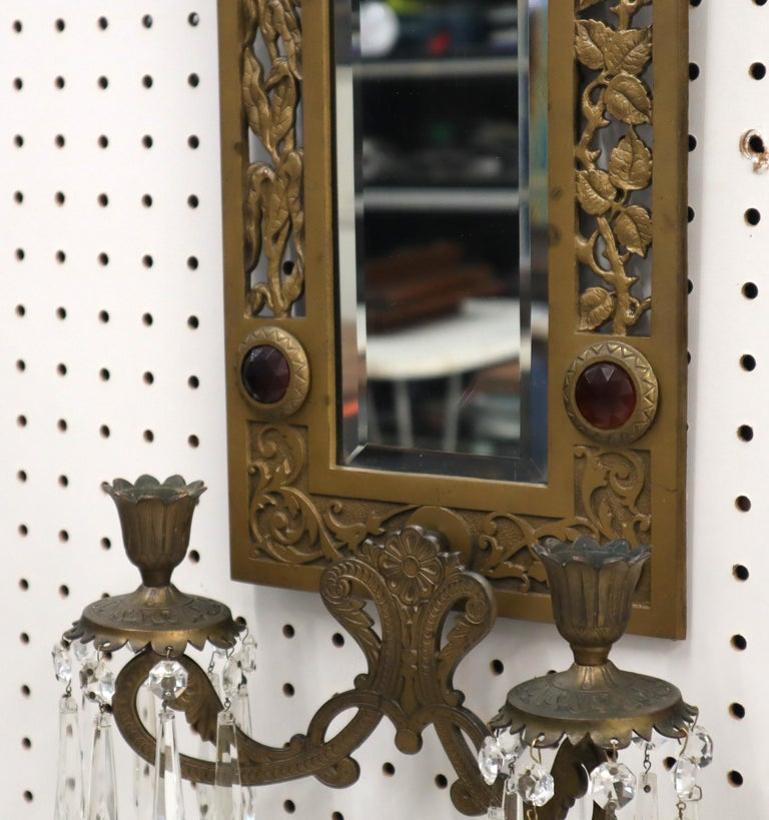 Large Bronze Mirror Sconce Two Candleholders Jewels Decorated