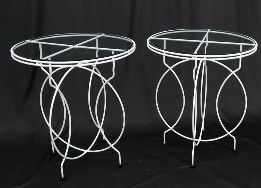 Pair of Midcentury Ice Cream Style Round Folding Cafe Tables Glass Tops