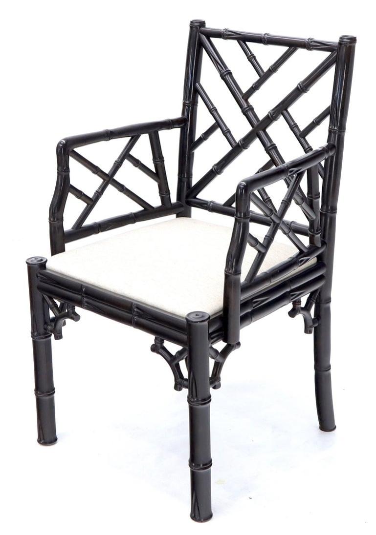 Pair of Ebonized Faux Bamboo Armchairs with New Linen Fabric Upholstery