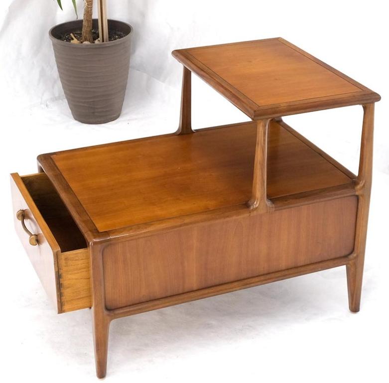 Henredon Solid Walnut Sculptural Two Tier One Drawer Step Side Table