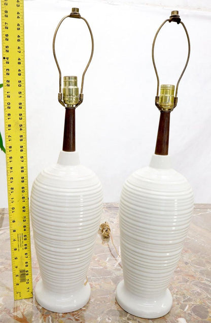 Pair of Vase Shape Glazed Ceramic Pottery Walnut Table Lamps