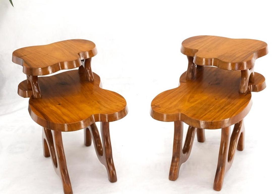 Pair of Organic Shape Thick Solid Walnut Slabs Step End Side Tables