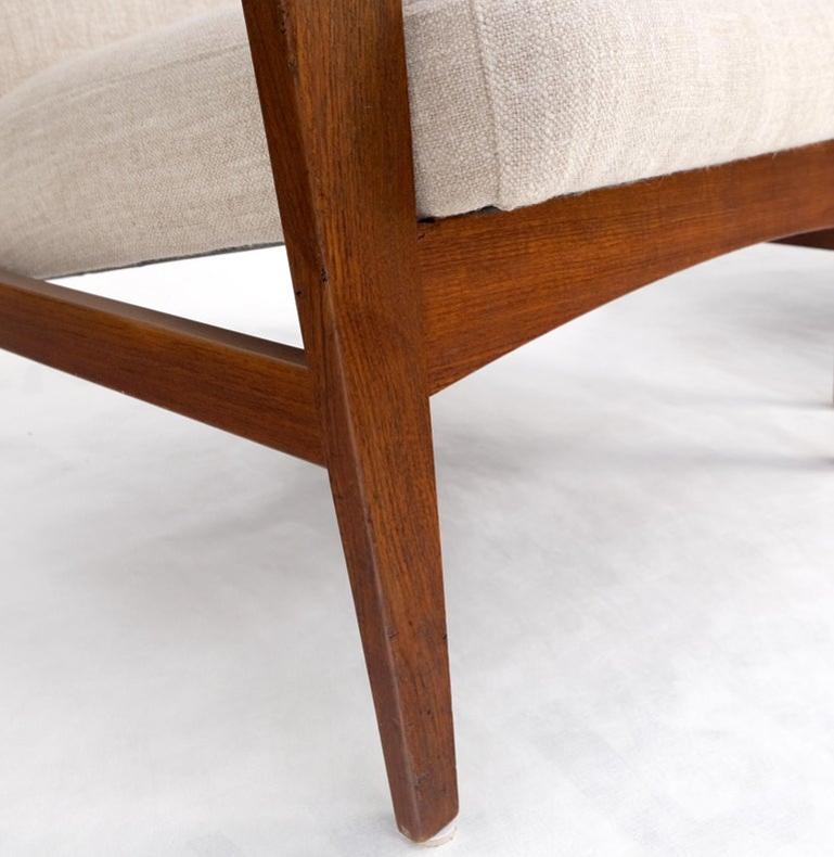 Pair Restored New Oatmeal Upholstery Teak Mid-Century Modern Lounge Arm Chairs