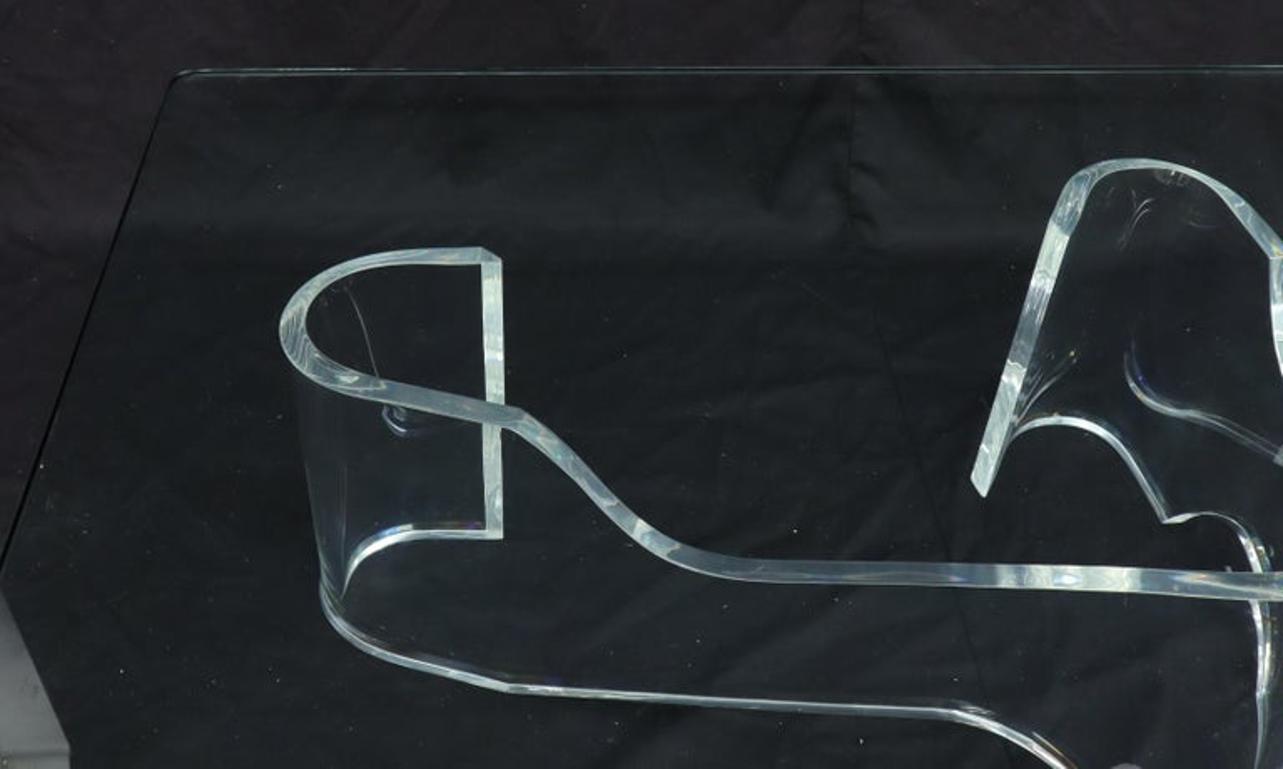 Thick Bent Lucite Organic Shape Base Rectangle Glass top Coffee Table