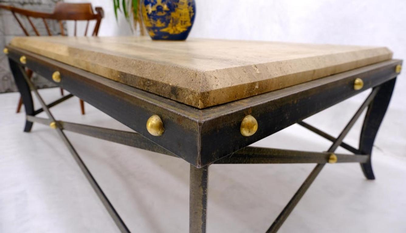 Steel Metal Forged X Base Travertine Top Rectangle Coffee Table w/ Brass Studs