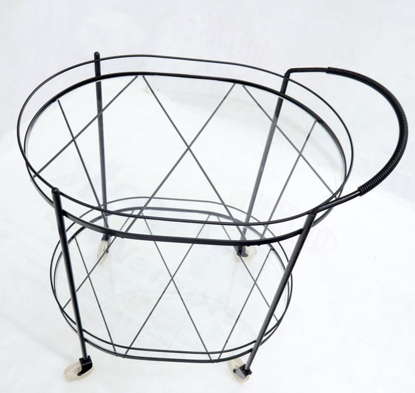 Oval Mid-Century Modern Black Lacquer Serving Bar Tea Cart