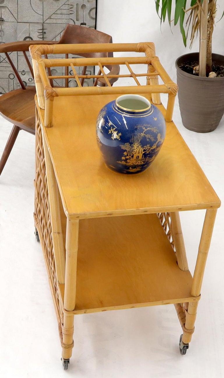 Mid century modern rattan and bamboo serving bar cart w/ bottles holder.