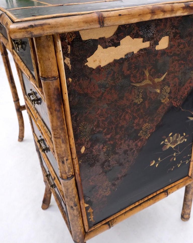 Antique Asian Oriental japaneese Burned Bamboo Hand Painted Decorated Desk Table