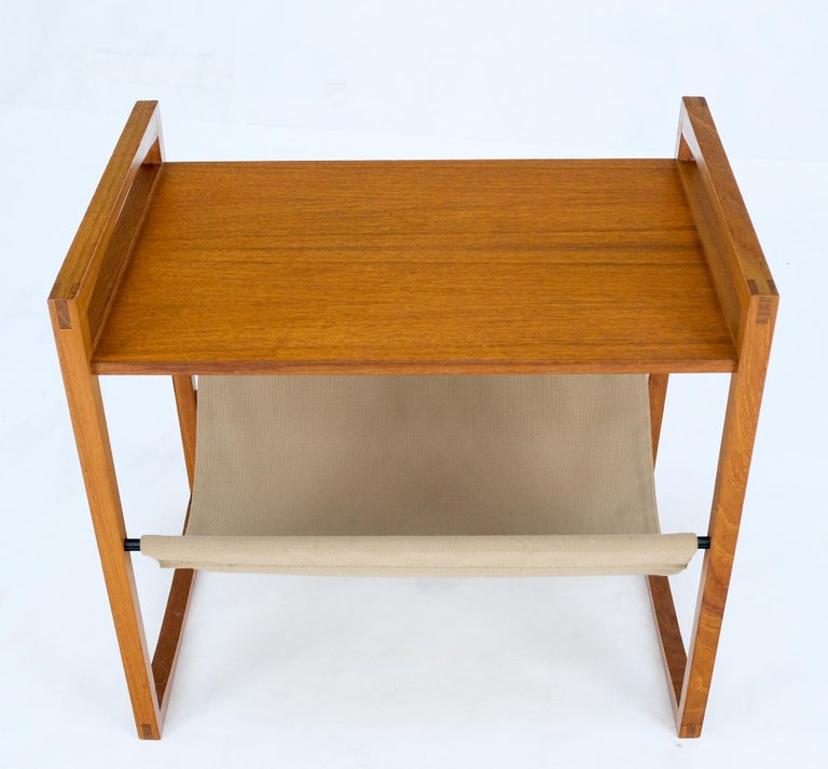 Teak And Suede Sling Shelf Mid-Century Modern End Table Stand Magazine Rack