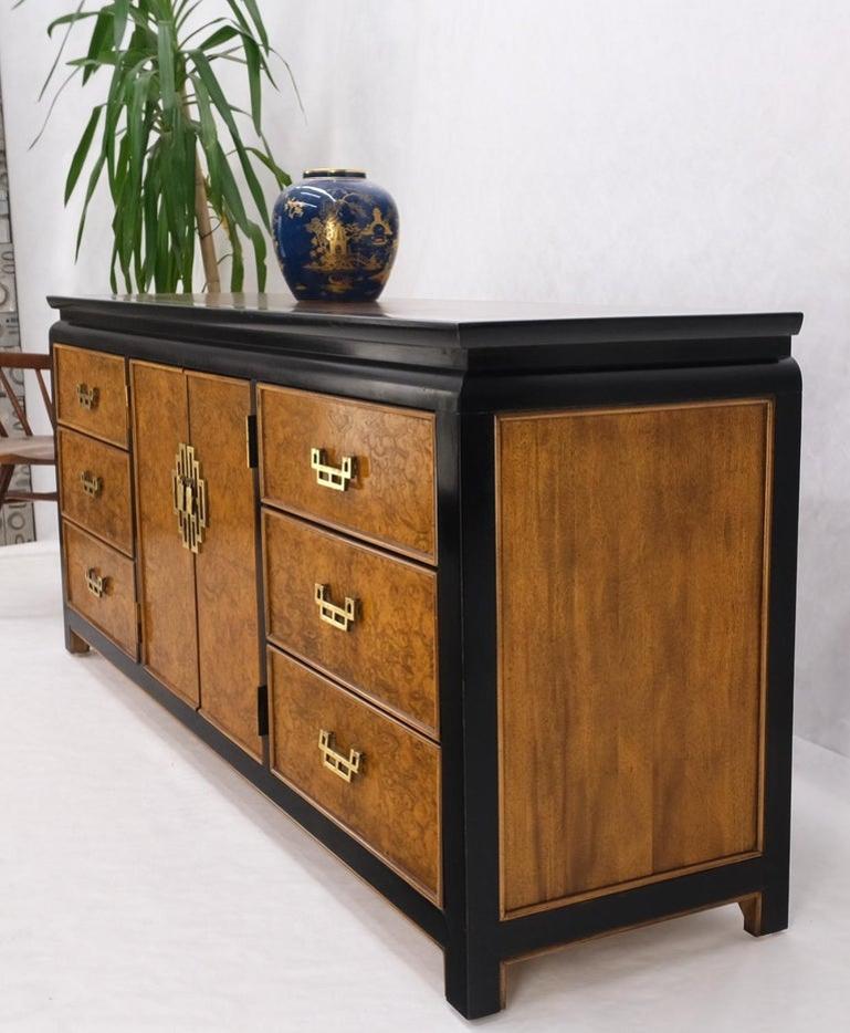 Burl Wood Black Ebonized Border 9 Drawers Long Dresser Credenza Brass Pulls Mint