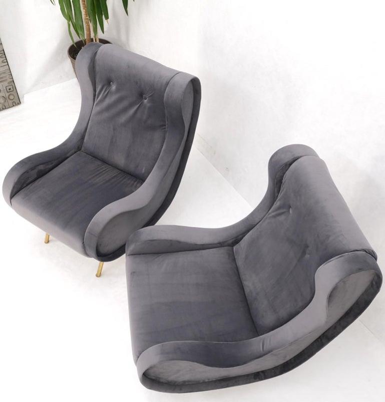Pair Italian Mid-Century Modern Brass Legs Grey Arm Lounge Chairs