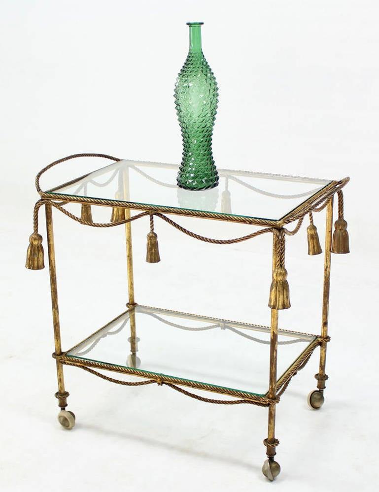 EstablishedLines Midcentury Italian Gold Gilt Metal Rope and Tassels Glass Top Bar Tea Cart Wheel