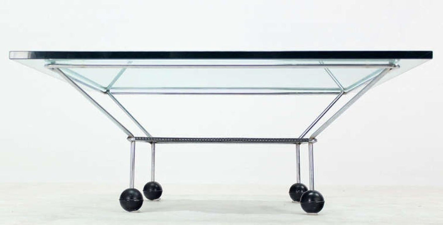 EstablishedLines Mid Century Modern Square Glass Top Coffee Table Atomic Round Ball Shape Legs