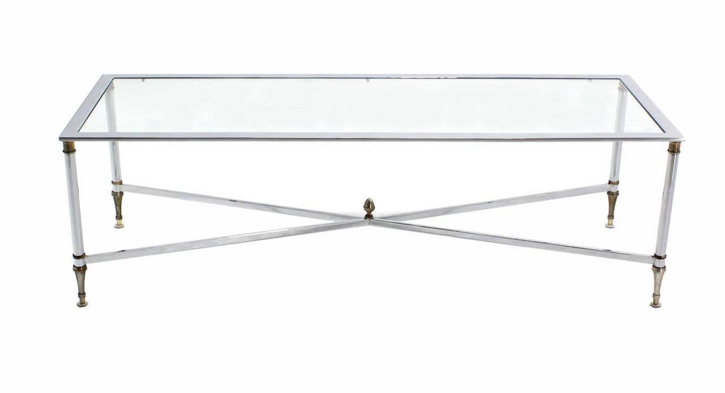 EstablishedLines Italian Mid Century Chrome Brass X Base Glass Top Long Rectangle Coffee Table