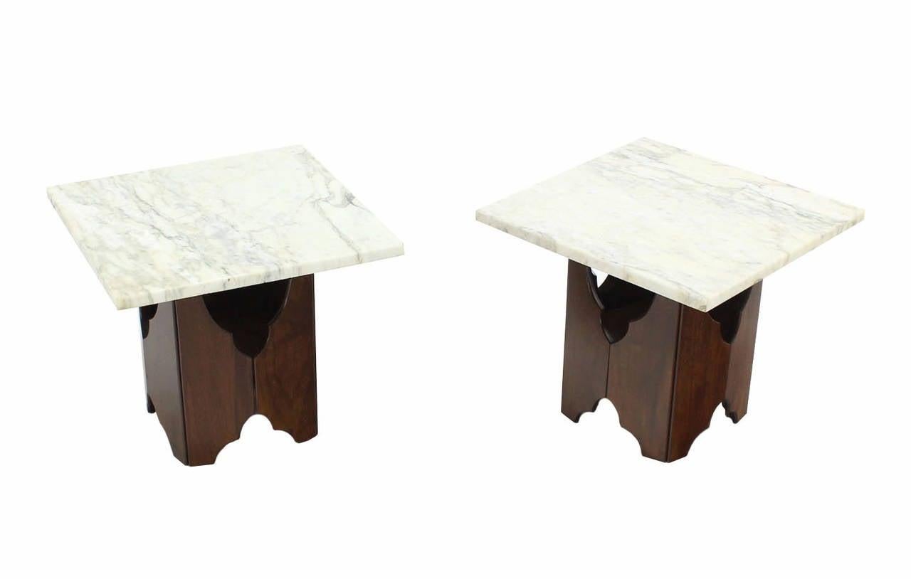 EstablishedLines Pair of Mid-Century Modern Walnut Base Square Marble Top End Side Tables MINT