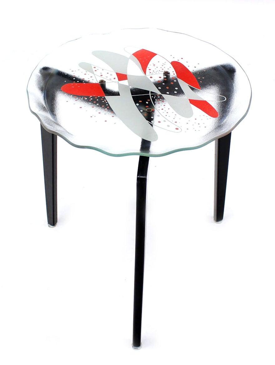 EstablishedLines Art Glass Scallop Edge Bowl Tray Top Tapered Leg Stackable Nesting Side Table