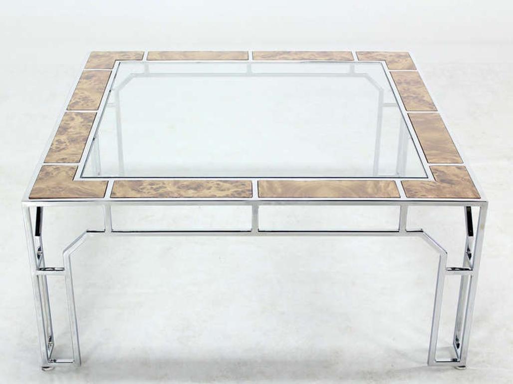 Mid Century Modern Chrome Glass Top Square Coffee Table w Burl Wood Inserts MINT