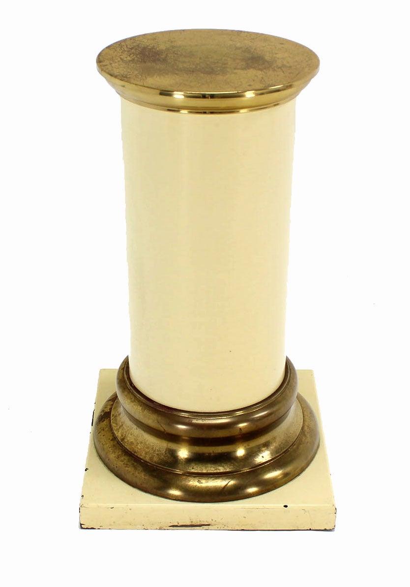 EstablishedLines Pair Brass and White Beige Lacquered Wood Round Pedestals Table Bases Stands