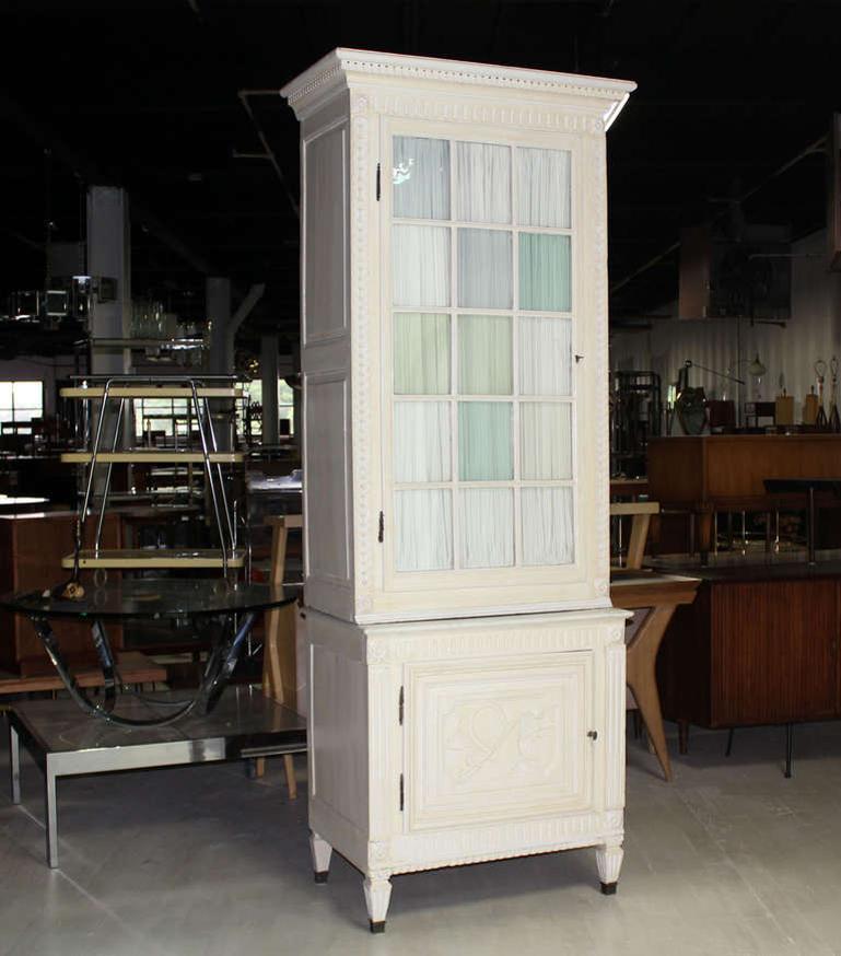 EstablishedLines Two Part Step Back Painted White Faux Finish Cupboard Green Blue Glass Vitrine