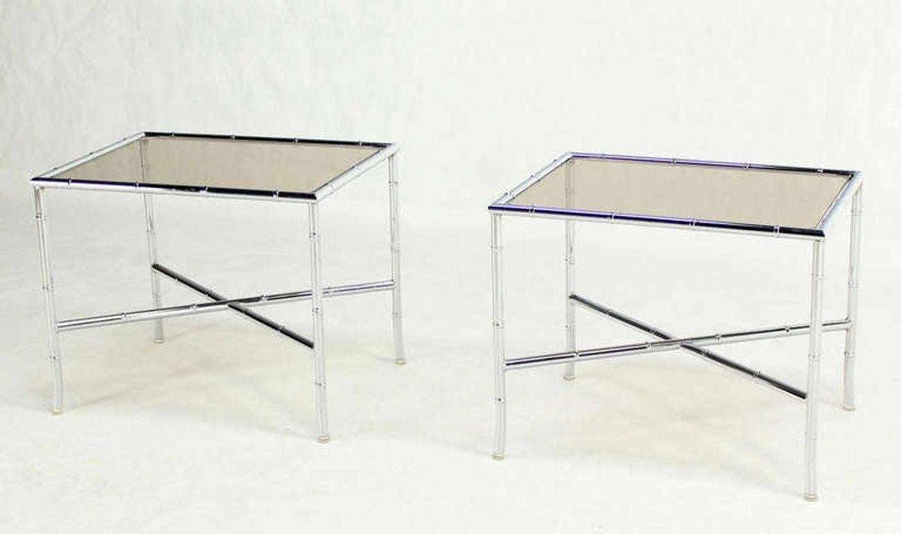 EstablishedLines Pair of Faux Bamboo X Shape Bases Chrome and Smoked Glass End Tables MINT!