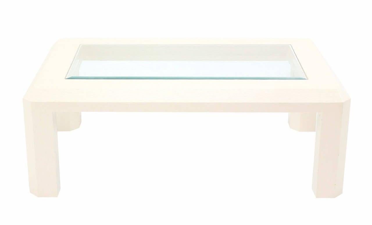 EstablishedLines Beige Lacquered Textured Grass Cloth Rafia Rectangular Glass Top Coffee Table
