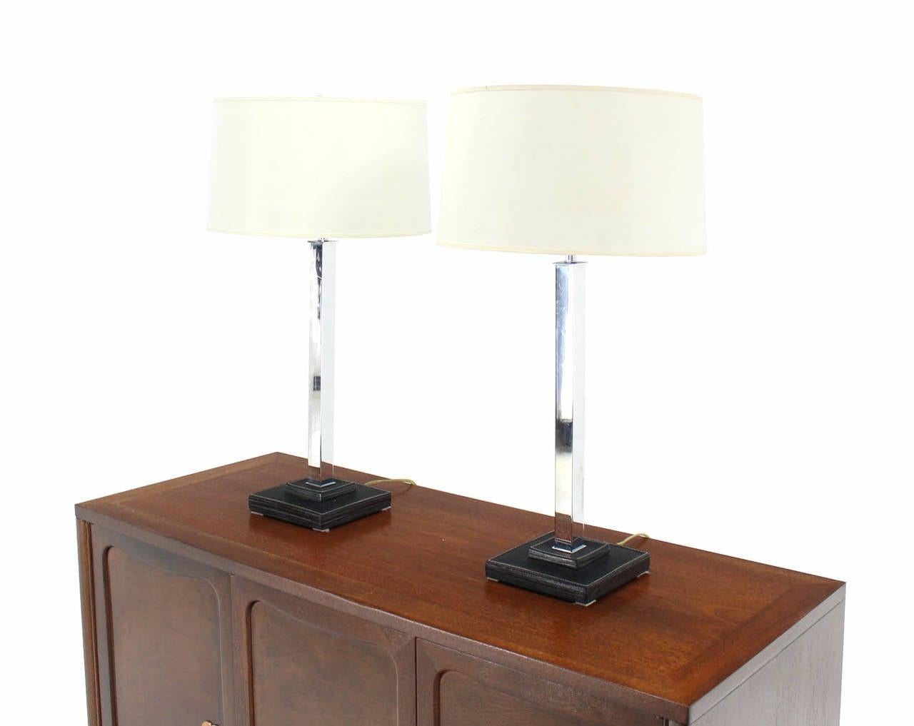 EstablishedLines Pair of Chrome Stitched Square Leather Bases Modern Table Lamps by Nessen MINT