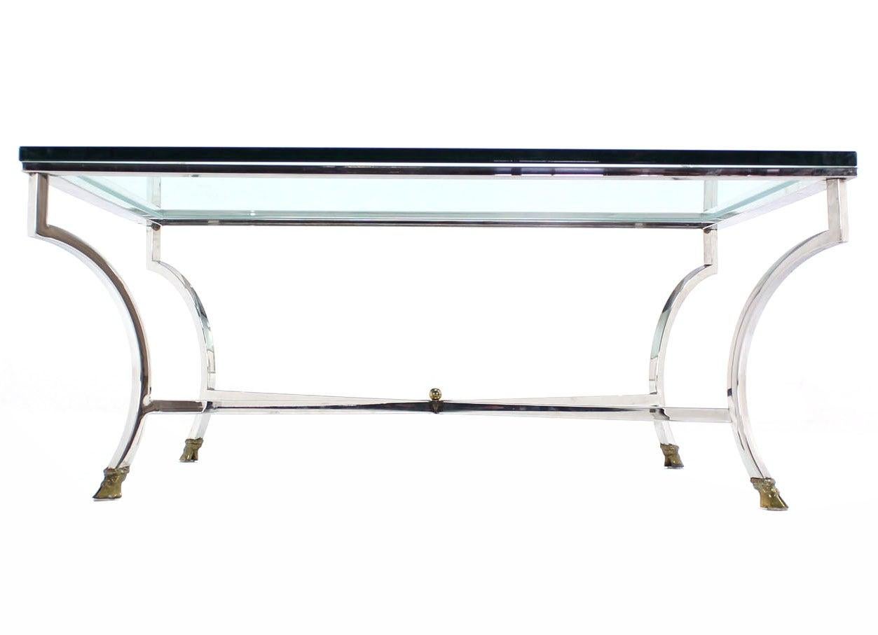 EstablishedLines Italian 3/4" Glass Top Square Coffee Table Chrome Brass Hoof Feet Base MINT!