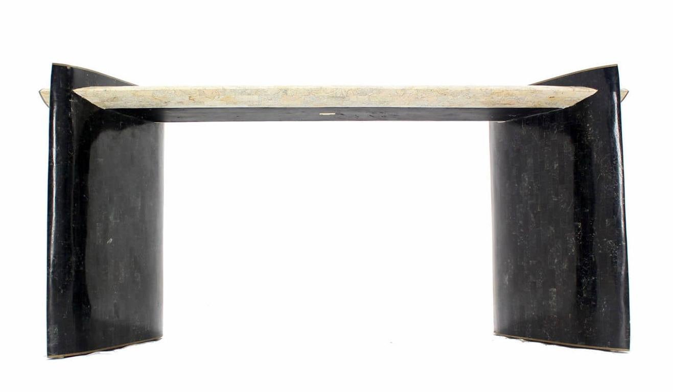 EstablishedLines Maitland Smith Mid Century Tessellated Tile Stone Brass Inlay Console Sofa Table